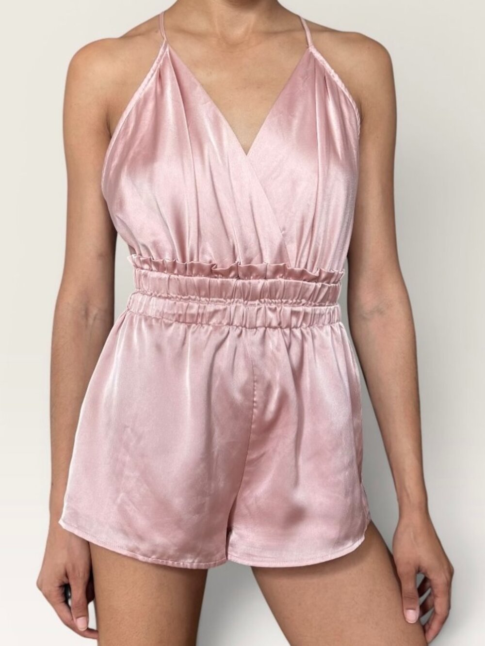 Romeo & Juliet Couture Satin Blush Pink Romper Romantic Playful Flirty XS